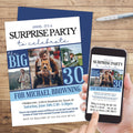 blue 3 picture personalized 30th 40th or 50th surprise birthday party invitation digital on cell phone and printed